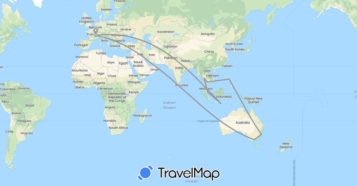 TravelMap itinerary: driving, plane in United Arab Emirates, Australia, France, Indonesia, Cambodia, Philippines, Singapore, Thailand, Vietnam (Asia, Europe, Oceania)